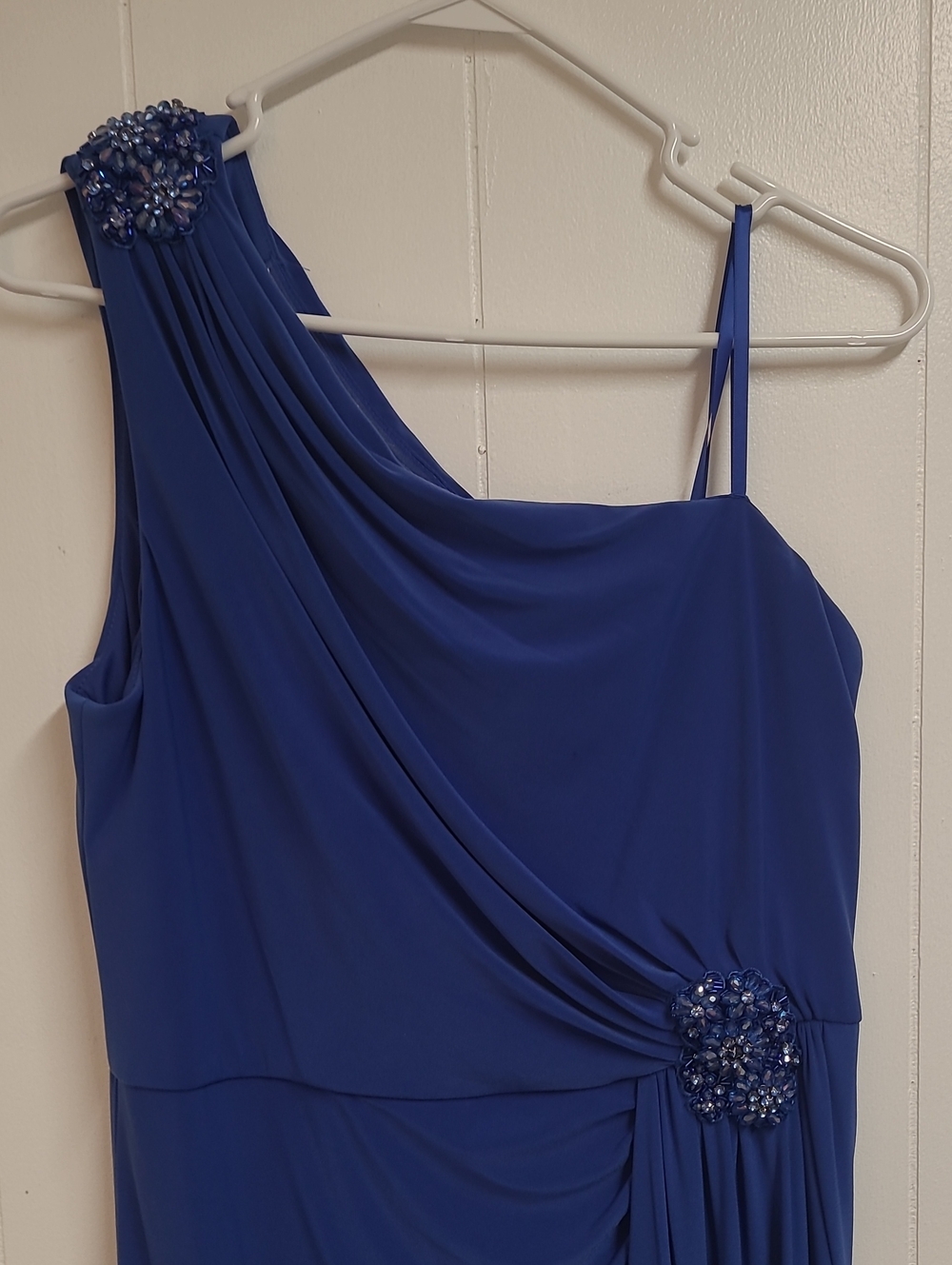 Adrianna Papell One-Shoulder Brillant Sapphire Gown Size 14 Sparkly Accents - Picture 3 of 13